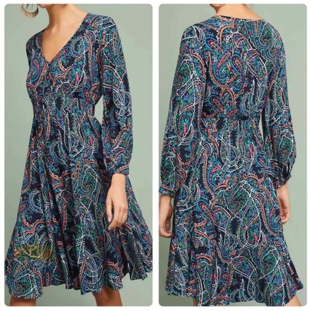 Anthropologie Maeve‎ L maplewood dress vibrant paisley print button midi flounce